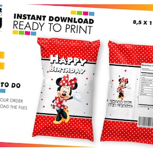 Minnie Chip Bag Label Red, Wrapper Label Minnie Mouse Red, Printable Red Minnie Chip Bag, Minnie Mouse Party Favour. Minnie Red Party Supply