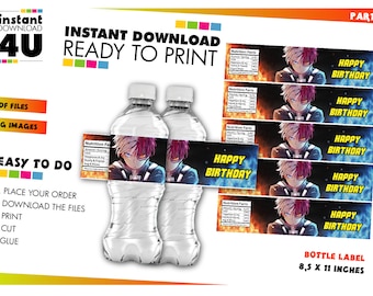 Etiquetas para botellas de agua de anime, suministros para fiestas de cumpleaños de anime, decoración para fiestas de anime, etiqueta imprimible de anime, descarga instantánea