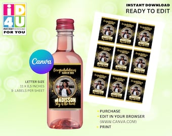 Mini Wine Bottle Labels with Picture Editable, Birthday Party Mini Wine Labels, editable template for Canva