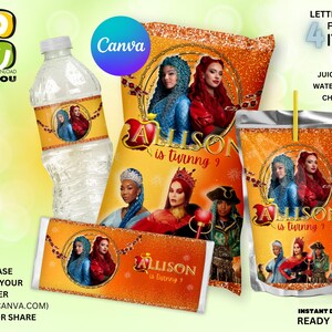May include: Printable party supplies featuring a cartoon image of a girl with a crown and the text "Allison is turning 7". The set includes a chip bag, juice pouch, water bottle label, and chocolate bar wrapper. The background is orange with gold glitter.