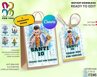 Bolsa de regalo de Messi, etiqueta de regalo editable, regalos de fiesta de Argentina editables, paquete editable de Messi de Argentina