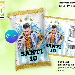 Bolsa de papas fritas de Messi, Campeones de la Copa del Mundo, Envoltorio de bolsa de papas fritas editable de Argentina, Bolsa de papas fritas editable de Messi