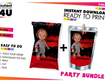 Etiquetas para paquete de muñeco Chucky, etiqueta para bolsa Chucky Capri Sun+Chip, fiesta de Chucky, paquete Chucky Chip Capri, cumpleaños de Chucky, DESCARGA INSTANTÁNEA