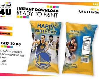 Peut inclure: Modèle de sachet de chips imprimable sur le thème des Golden State Warriors. Le sachet présente un fond de terrain de basket-ball avec des joueurs et le logo de l'équipe. Le texte "Joyeux anniversaire" est imprimé sur le devant du sachet. Le sachet mesure 8,5 pouces par 11 pouces.