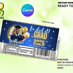 Grad Editable Candy Wrapper with Picture, Class of 2025 Graduation Candy Wrapper Template, Graduation Decorations Editable Canva