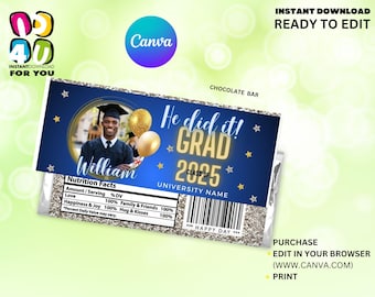 Grad Editable Candy Wrapper with Picture, Class of 2025 Graduation Candy Wrapper Template, Graduation Decorations Editable Canva