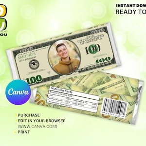 Puede incluir: Un envoltorio de chocolate con un diseño que parece un billete de 100 $. El envoltorio tiene una foto de un joven y el texto "Santino's 10th Birthday". La parte posterior del envoltorio tiene una etiqueta de información nutricional con un código de barras y el texto "Happy Day".
