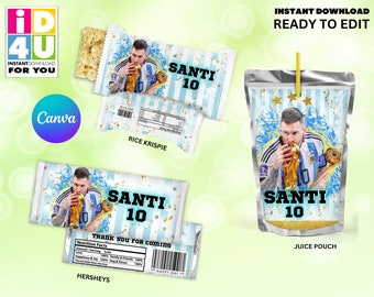 Messi Argentina World Cup Champions Party Bundle, Argentina Messi Editable Juice Pouch and Candy Wrappers