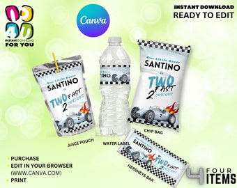 May include: Printable party favour labels for a 2nd birthday party with a race car theme. The labels feature a blue race car with flames, a chequered flag background, and the text "Our Little Racer Santino is Two Fast 2 Curious". The labels are for a juice pouch, water bottle, crisp bag, and Hershey's bar.