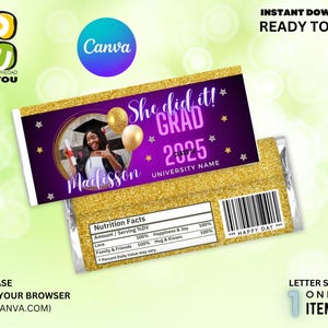Grad 2025 Editable Purple Candy Wrapper with Picture, Class of 2025 Graduation Candy Wrapper Template, Graduation Decorations Editable Canva