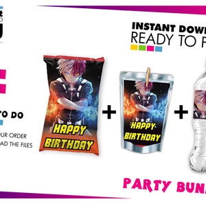 May include: Printable party supplies featuring a cartoon character with red and white hair. The set includes a chip bag, juice box, and water bottle label. Each item has the text "Happy Birthday" on it.