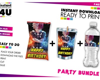 Anime  Party Bundle label, Anime Capri Sun+Chip Bag+Water Bottle Label, Anime party favors, Anime Party Supply
