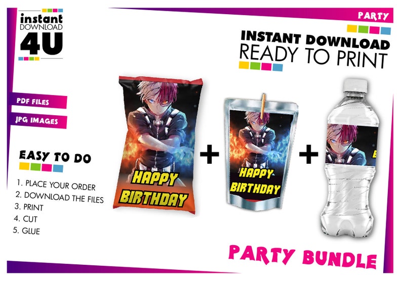 May include: Printable party supplies featuring a cartoon character with red and white hair. The set includes a chip bag, juice box, and water bottle label. Each item has the text "Happy Birthday" on it.