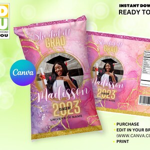 Pink Graduation Chip Bag Class of 2024 with Picture Editable, Photo Graduation Chip Bag Template, Graduation Decorations Editable Canva