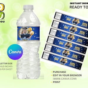 Class of 2025 Graduation Water Bottle label with Picture Editable, Graduation Water Bottle label Decoration