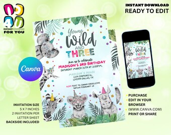 May include: Editable invitation template for a child's third birthday party. The invitation features a jungle theme with animals like a zebra, rhino, lion, and elephant. The text on the invitation reads "Young Wild and Three" and includes details for the party, such as the date, time, and location. The invitation is available for instant download and can be edited in a web browser.