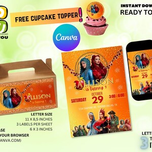 May include: Printable party supplies featuring a cartoon image of the characters from the movie "Descendants". The design includes a cupcake topper, invitation, and favour box. The invitation is orange with glitter and says "Allison is turning 9" and "Saturday October 29".