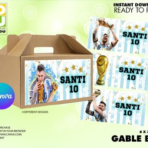 Messi Gable Box Label Editable, Birthday Gift Box Label Editable, World Cup Messi Argentina editable Gable Box