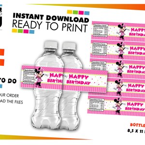 Minnie Mouse Birthday Party Bottle Label, Minnie Pink Water Bottle Wrapper Label Printable, Minnie Mouse Water Label, Minnie Party Supplies