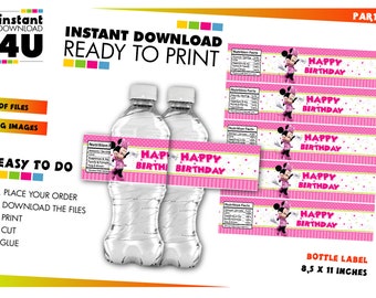 Minnie Mouse Birthday Party Bottle Label, Minnie Pink Water Bottle Wrapper Label Printable, Minnie Mouse Water Label, Minnie Party Supplies