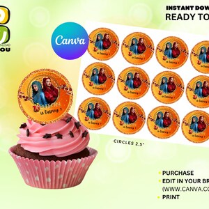 May include: Twelve printable 2.5 inch round cupcake toppers featuring a cartoon image of two girls with the text "Alison is turning 7". The toppers are on a white background with a yellow border.