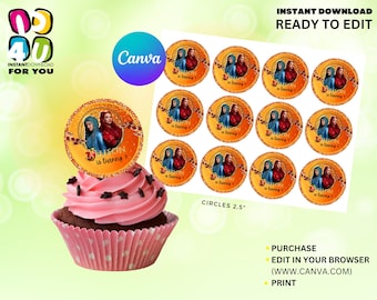 Etiquetas editables para adornos de cupcakes, etiquetas editables para fiestas de cupcakes, adornos editables para cupcakes de Canva