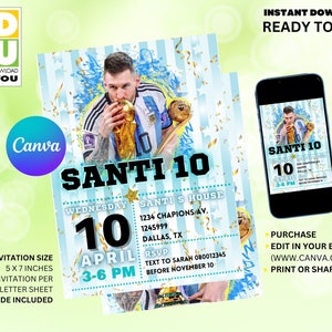 Messi Birthday Party Invitation Editable, World Cup Messi Argentina editable Invitation, Editable Canva Invitation
