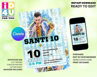 Invitación editable para fiesta de cumpleaños de Messi: Decoración de fiesta de fútbol para niños