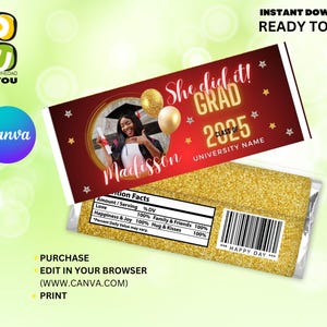 Graduation 2025 Editable Candy Wrapper with Picture, Graduation Candy Wrapper Template, Graduation Decorations Editable Canva
