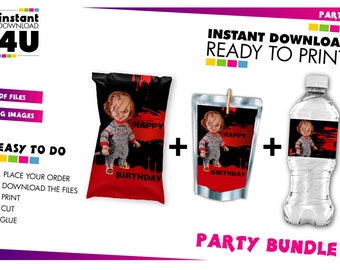 Chucky Doll Bundle labels, Chucky Capri Sun+Chip Bag+Water Bottle Label, Chucky party, Chucky chip capri water bundle, INSTANT DOWNLOAD
