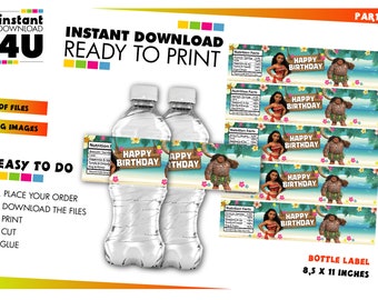 Etiqueta para botella de agua de Moana. Regalos para fiesta de cumpleaños de Moana. Decoración de Moana. Regalos para fiesta de Moana. Moana imprimible, descarga instantánea