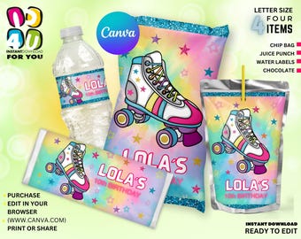 Paquete de fiesta de cumpleaños con temática retro de patinaje sobre ruedas, plantilla editable de Canva para recuerdos de patinaje.