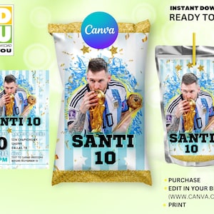 Messi Birthday Party Pack Editable, World Cup Messi Argentina editable Chip Capri and Invitation, Editable Canva Pack