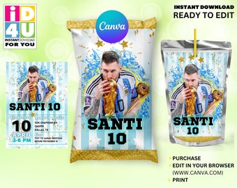 Messi Birthday Party Pack Editable, World Cup Messi Argentina editable Chip Capri and Invitation, Editable Canva Pack