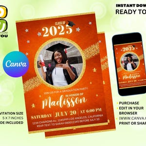 Graduation party invite Class of 2025 Orange and Gold editable with Picture, Photo Graduation Editable Invitation 2025