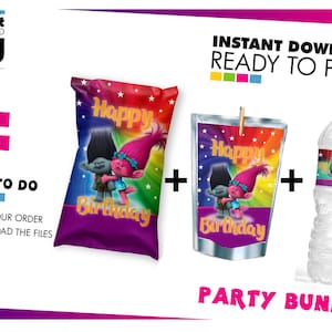 Vibrant Trolls Celebration Bundle, Trolls Party Favors and Decor, Trolls chip bag, Trolls juice label, Trolls Water label