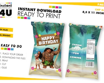 Moana Birthday Party chip bag, Moana birthday Chip Bag Label, Moana Favor Bag Label, Printable Chip Bag Label, Instant Download