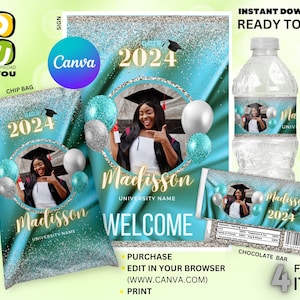 May include: A set of four graduation party decorations featuring a teal and silver glitter background with the year 2024 and the name Madisson. The set includes a chip bag, a water bottle label, a chocolate bar wrapper, and a sign. The decorations are customizable with a photo and university name.