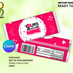 Valentine Chocolate wrapper Editable, Editable Valentines candy wrapper, DIY Valentine wrappers, Valentine&#39;s Day Gift