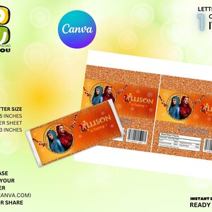 May include: Printable digital download of three labels featuring a gold glitter background with a cartoon image of two girls from the movie "Encanto". The labels are designed for candy bar wrappers and include the text "Allison is turning..."