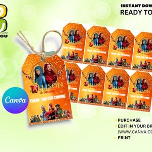 May include: A set of 10 printable favour tags featuring a cartoon image of a girl with red hair and a crown. The tags are orange with gold glitter and the text "Allison is turning" and "Thank you for coming".