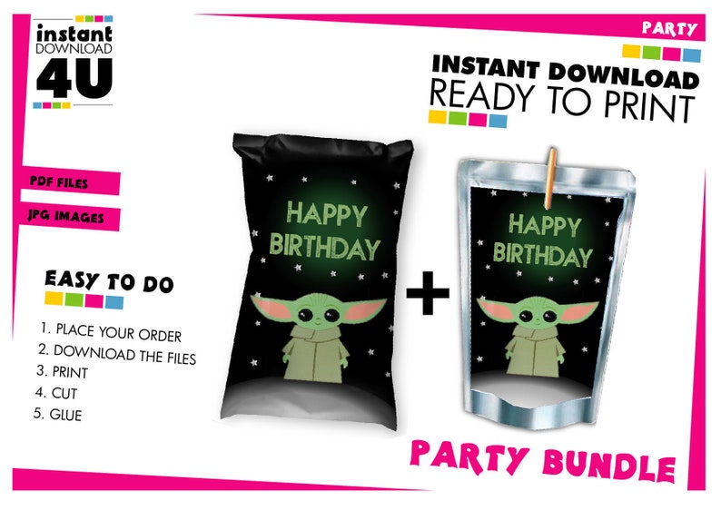 May include: Printable party favor bags and juice boxes featuring a green alien character with the text "Happy Birthday" on a black background with white stars.