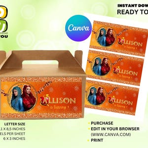 May include: Printable favour box template featuring a cartoon image of two girls with a gold glitter background. The text "Allison is turning 7" is on the box. The template is designed for use with Canva and includes instructions for purchase, editing, and printing.