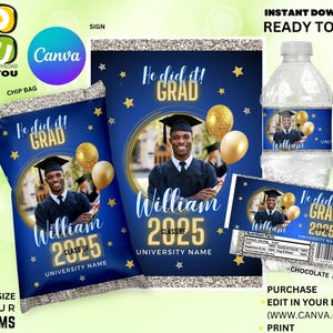 Graduation Class of 2025 Editable Bundle with Picture, chip welcome poster candy wrapper, water label, Boy Graduation Bundle Template, Decor