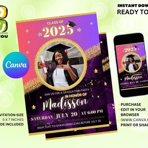 Grad Party Invite 2025 with Picture Editable, Grad Editable Invitation with picture