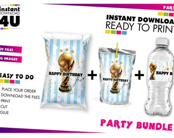 Argentina Bundle World Cup Champions, Argentina Juice Pouch Chip Bag and Water label, World Cup party favor, INSTANT DOWNLOAD