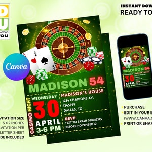 Party Invitation Casino Editable, Casino Editable Canva Party Invitation, Casino editable Invite