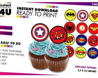 Superhero Cupcake Toppers, Superhero Party Supplies, Superhero Cake Topper, Superhero Birthday party, Superhero topper Instant Download