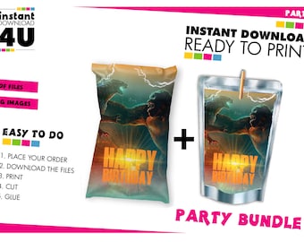 Etiquetas para paquete de fiesta Godzilla, etiqueta para bolsa de papas fritas y sol Capri de Godzilla, etiquetas para paquete de fiesta Godzilla, descarga digital instantánea