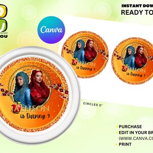 May include: Two girls from the TV show "The Royals" are on a round, orange and gold glitter background. The text "Allison is turning 9" is on the bottom of the circle. This is a printable design for a party favour or sticker.